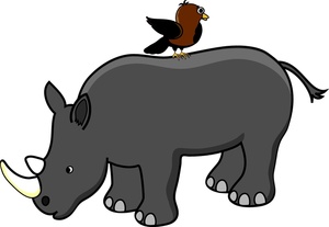 Rhinoceros Clipart Image - Rhinoceros grazing with a bird on its back