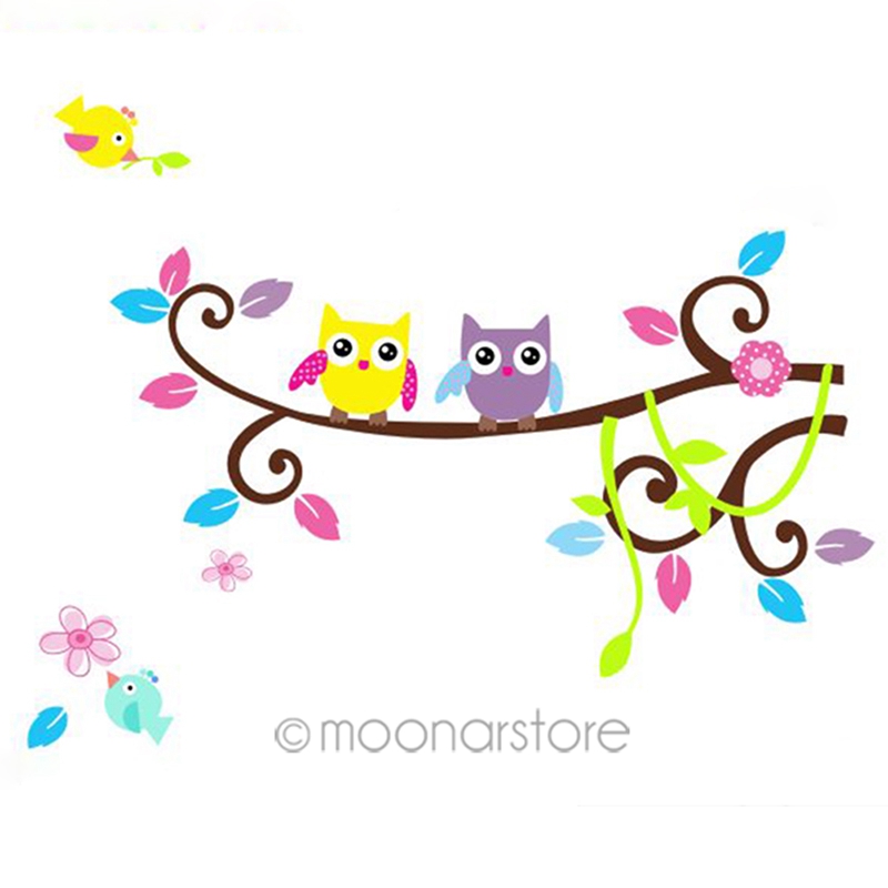 Cartoon Cute two Owl on Tree DIY Wall Sticker Wallpaper Stickers ...