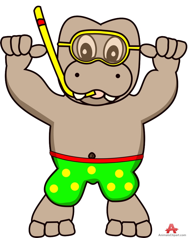 Cartoon Hippopotamus with Scuba Diving Glasses | Free Clipart ...