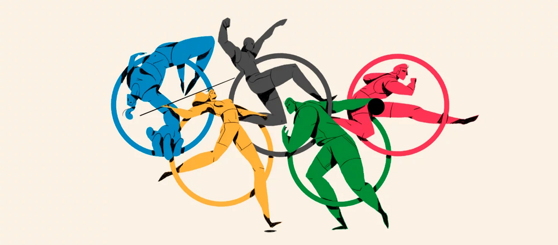 olympic animation: athletes represent the symbol's five rings
