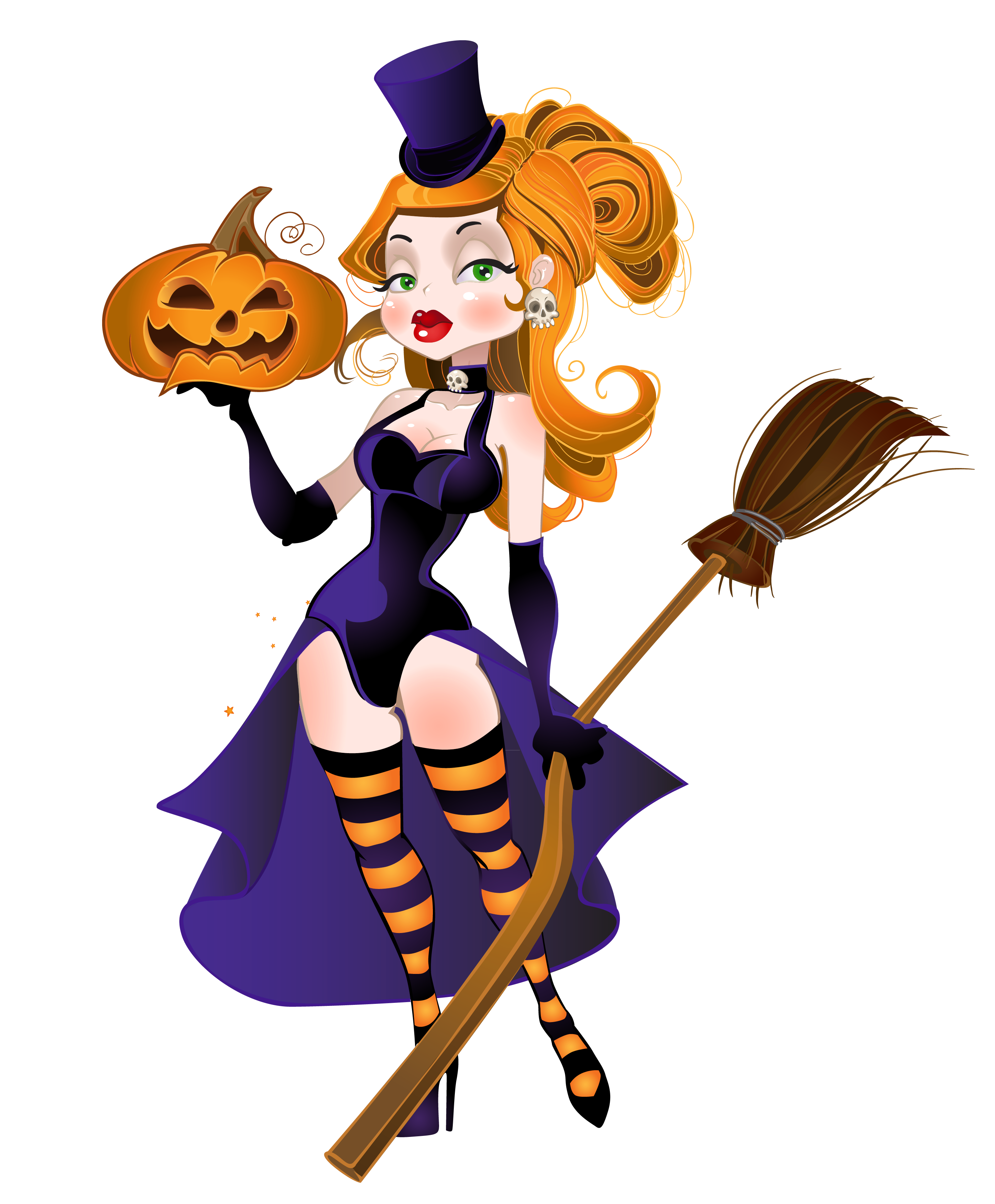 Halloween Witch with Broom and Pumpkin PNG Clipart