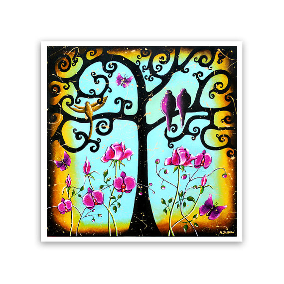 Love Birds Art Print Tree of Life Art Giclee by hjmArtGallery