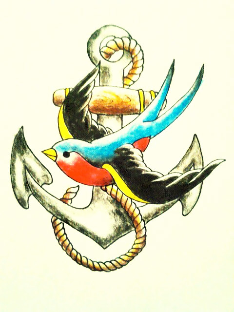 Colored Flying Bird And Anchor Tattoo Design