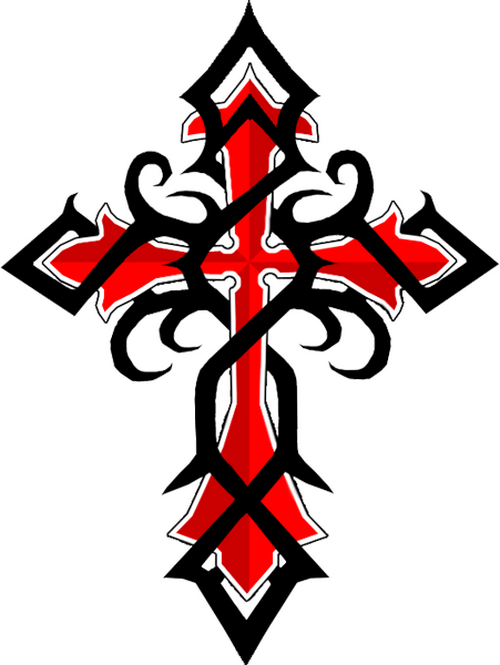 Black And Red Ink Tribal Cross Tattoo