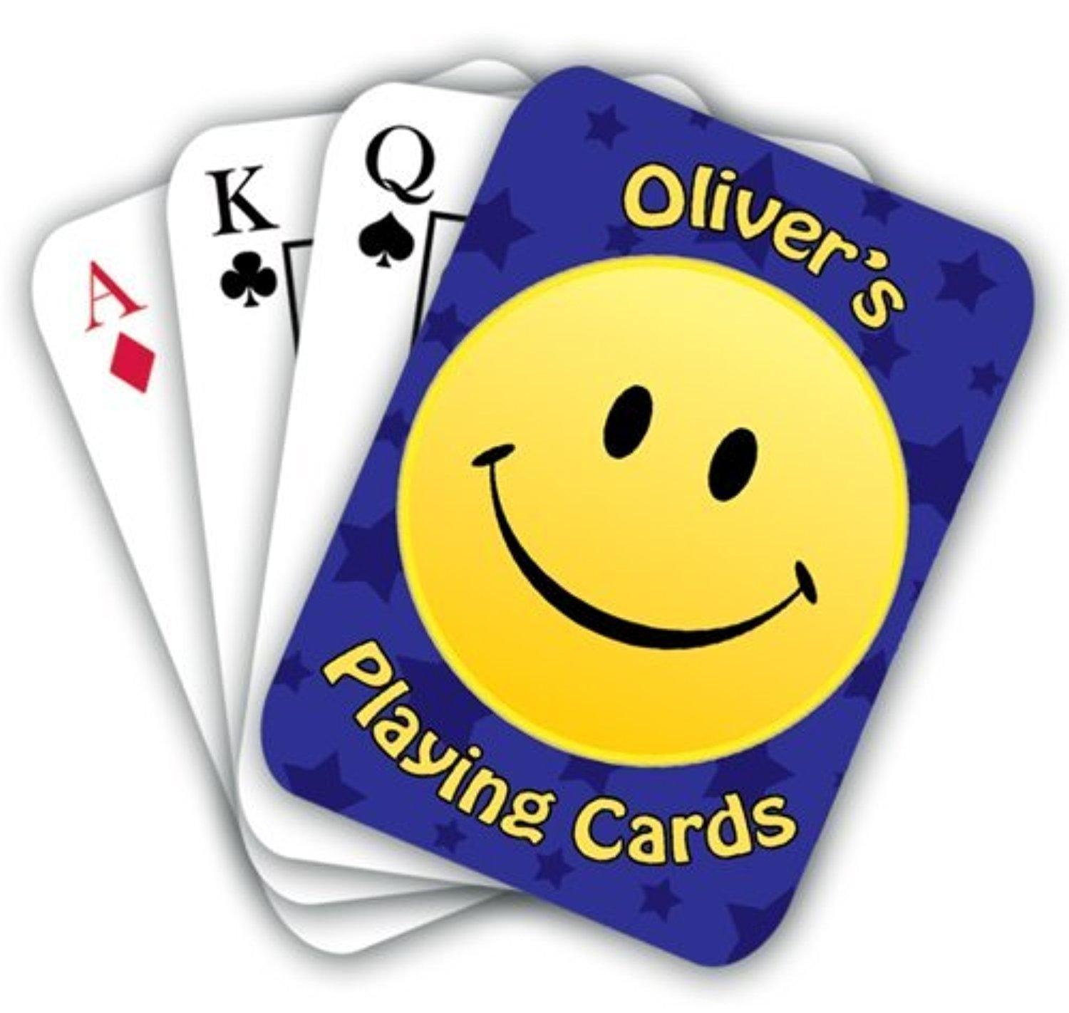 Personalised Playing Cards, smiley face blue theme. YOUR OWN NAME ...