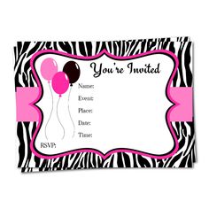 Zebra print, Birthday party invitations and Girl birthday