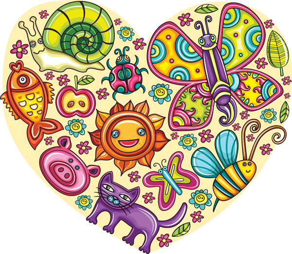 Clip Art of a Heart with Cute Little Creatures