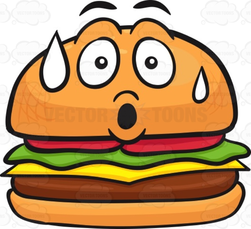 Cartoon Clipart: Hamburger With A Scared Face That'S Sweating