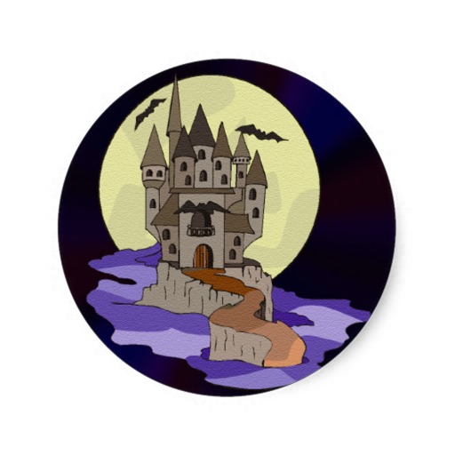 Haunted Castle, Bats and Full Moon Cartoon Round Sticker from Zazzle.