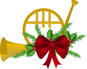 French Horn Clipart Image - Brass Horn Decorated with a Bow and Holly