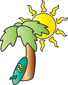 Surfing Clipart Image - Cartoon Image of Palm Tree and Surfboard ...