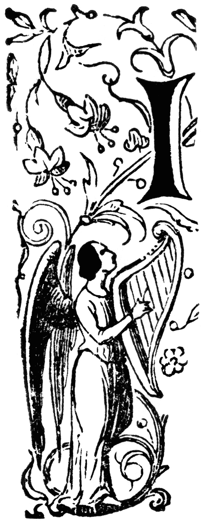 Decorative Letter I with Angel Playing Harp | ClipArt ETC