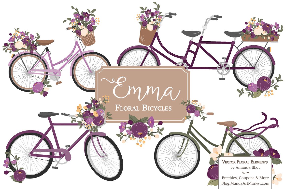 Plum Floral Bicycle Vector Clipart ~ Illustrations on Creative Market