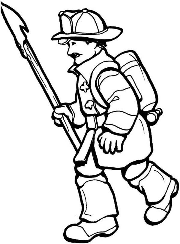 Fireman wirh Pike Pole Coloring Page | Kids Play Color
