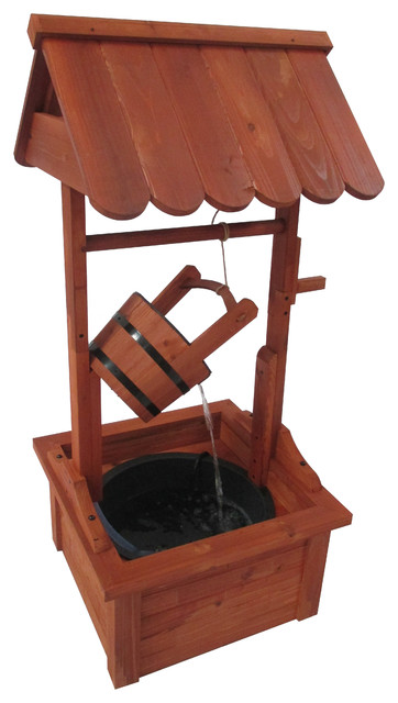 Rustic Red Finish Solid Fir Wood Wishing Well Fountain - Modern ...