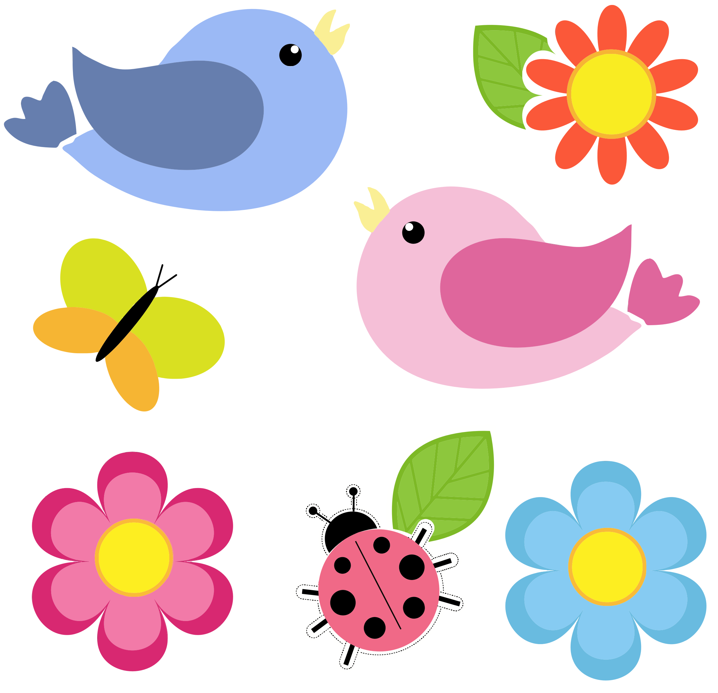 Clipart - Birds Butterfly Ladybug And Flowers No Background