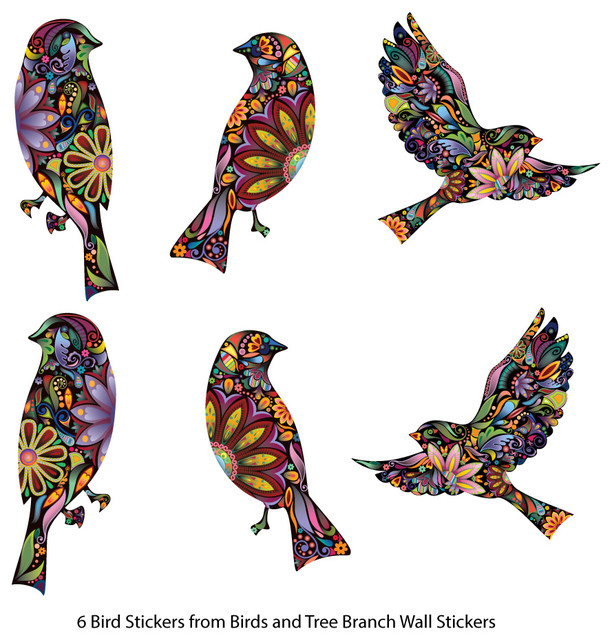 Bird Stickers in Lovely Flower Pattern, Set of 6 Bird Decals ...