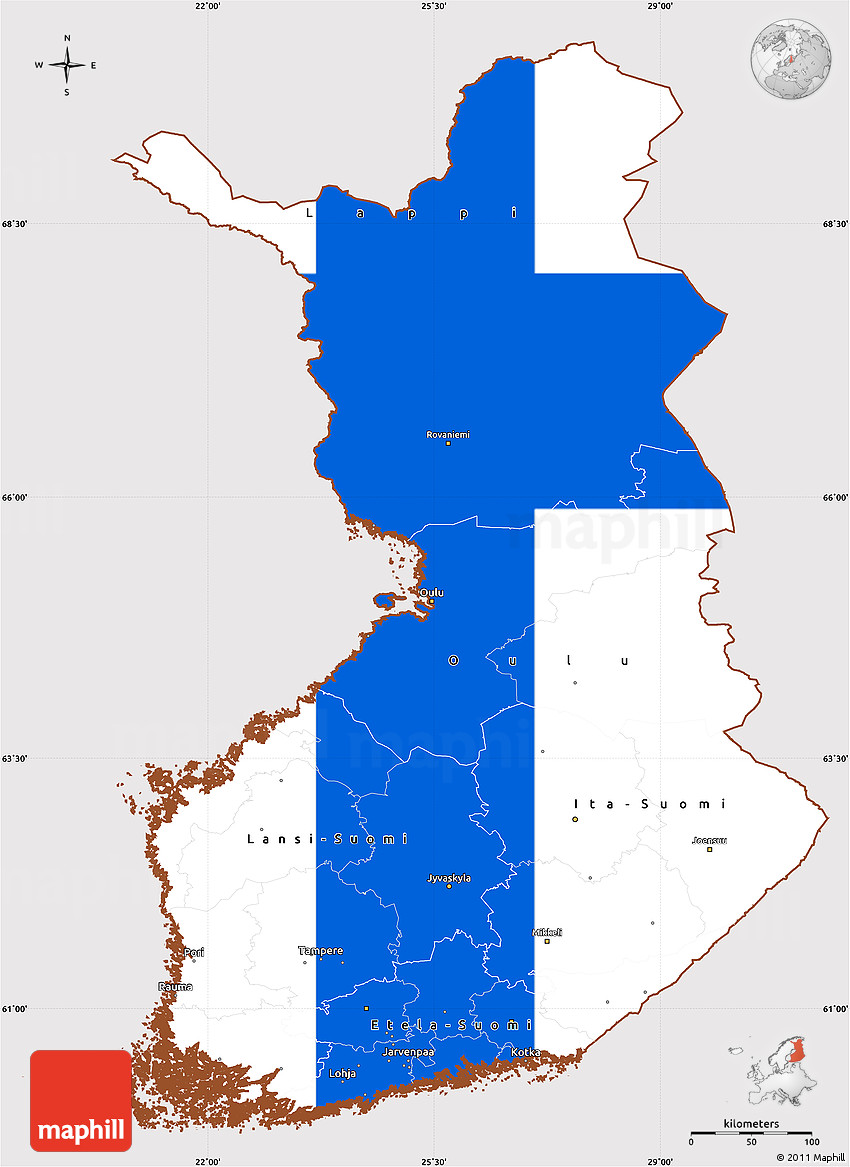 Flag Simple Map of Finland, flag aligned to the middle