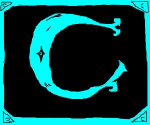 Stylized cyan C on black background