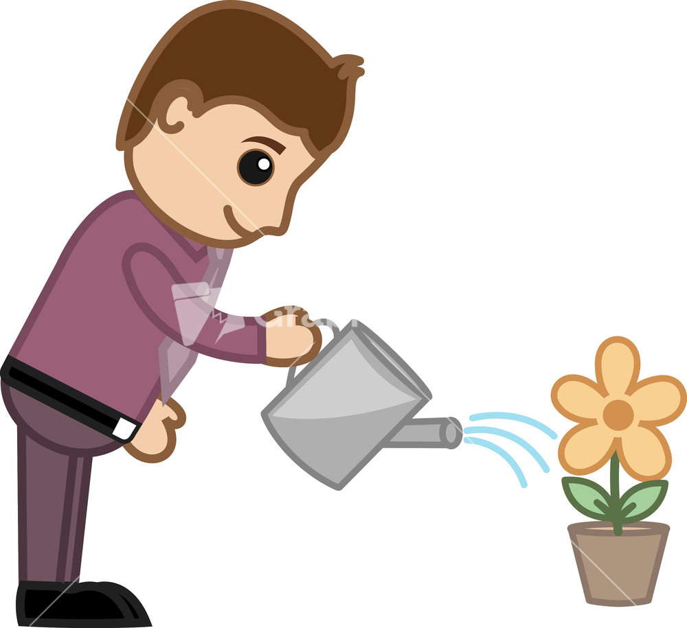Man Watering Flower Plant - Business Cartoon Character Vector