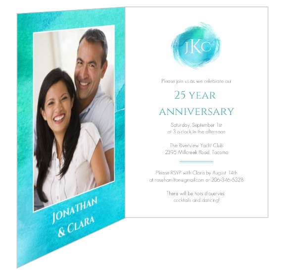 Teal Watercolor 25 Year Wedding Anniversary Party Invitation ...