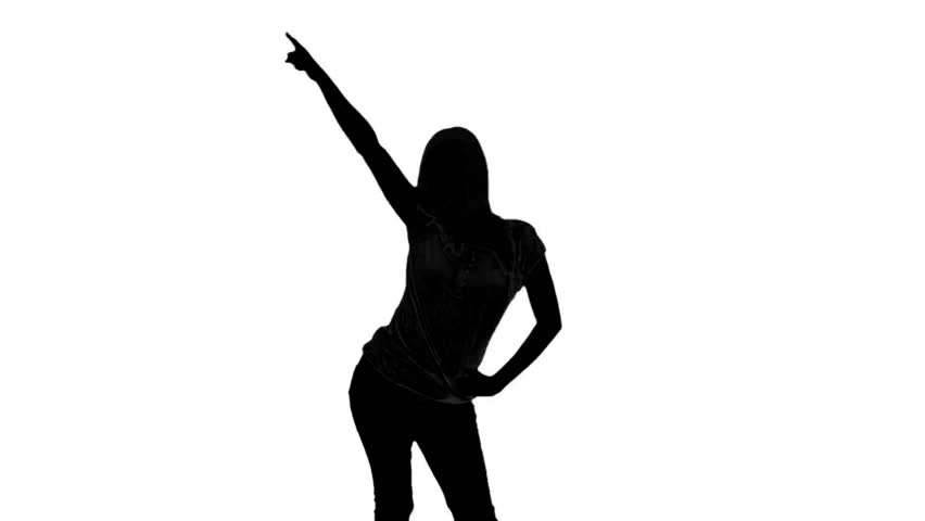 Silhouette Of Woman Doing Disco Gesture On White Background In ...