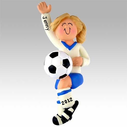 Personalized Blonde Female Soccer Player in Blue Uniform Ornament