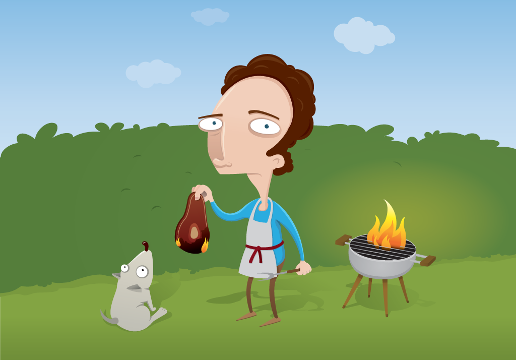 Cartoon of man burning meat on his barbeque