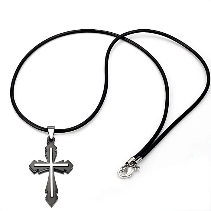 Elegant Mens Stainless Steel Modern Cross Silver Pendant Black Chain ...